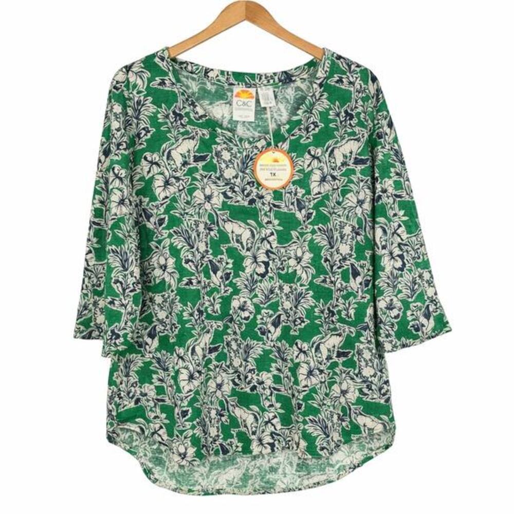 C&C California Tropical Linen 3/4 Sleeve‎ Tunic Top Women 1X Green Floral Bobcat